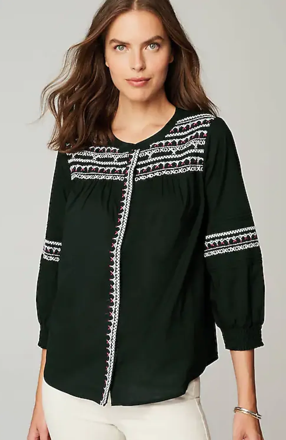 Embroidered Smocked-Sleeve Top | Jjill