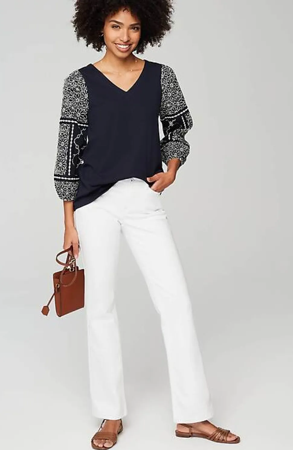 Mixed-Media Embroidered-Sleeve Top | Jjill