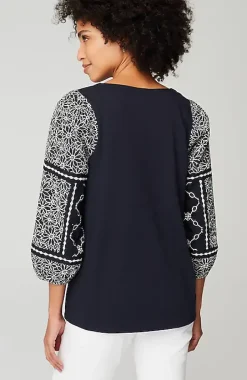 Mixed-Media Embroidered-Sleeve Top | Jjill