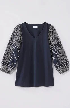 Mixed-Media Embroidered-Sleeve Top | Jjill