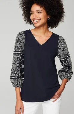 Mixed-Media Embroidered-Sleeve Top | Jjill