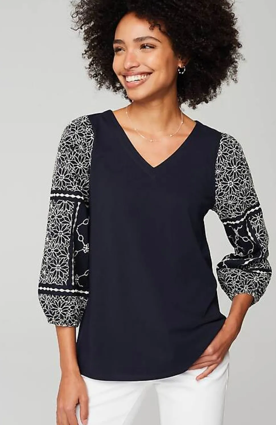 Mixed-Media Embroidered-Sleeve Top | Jjill