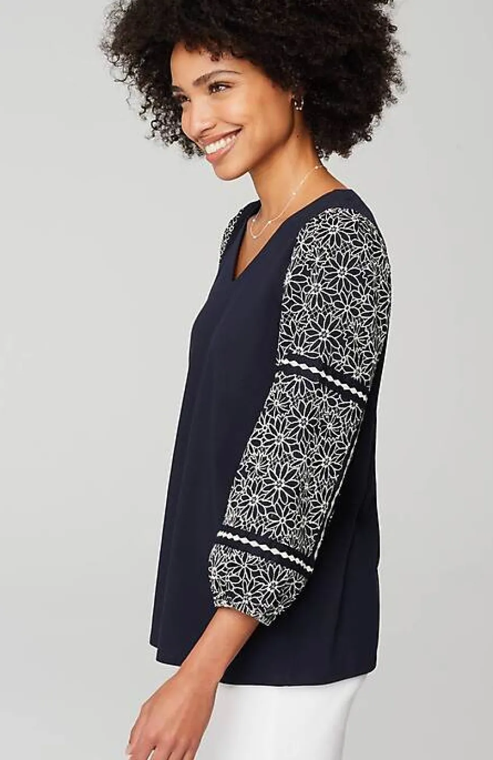 Mixed-Media Embroidered-Sleeve Top | Jjill
