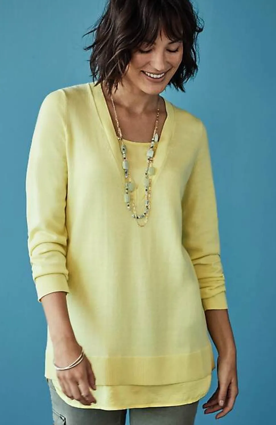 Mixed-Media Layered V-Neck Sweater | Jjill