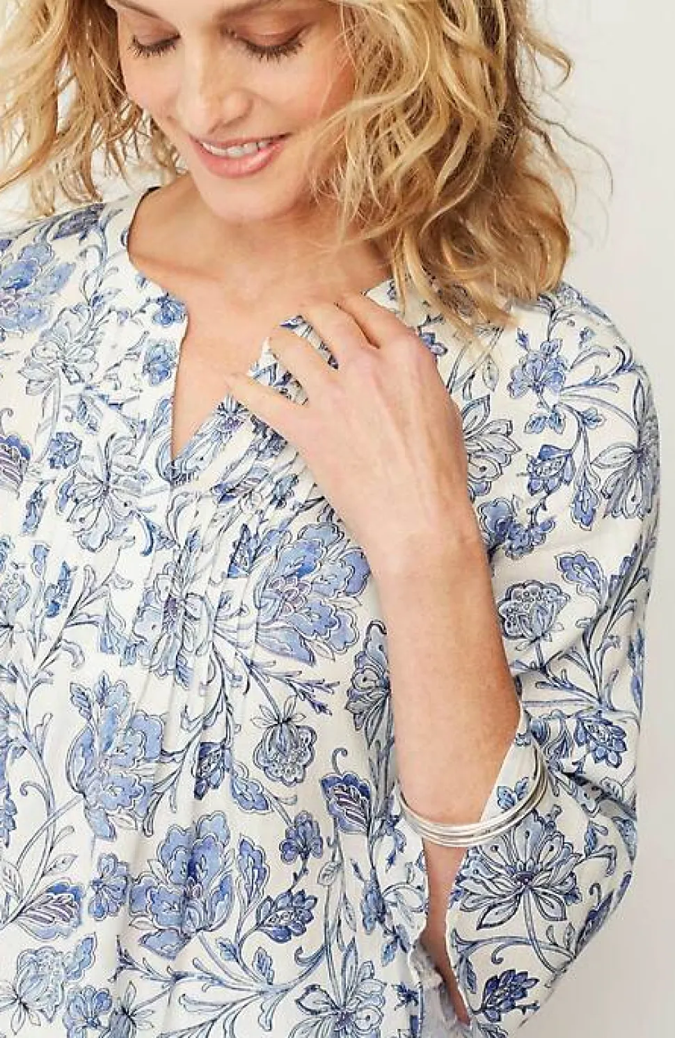 Pintucked Printed Linen Popover | Jjill