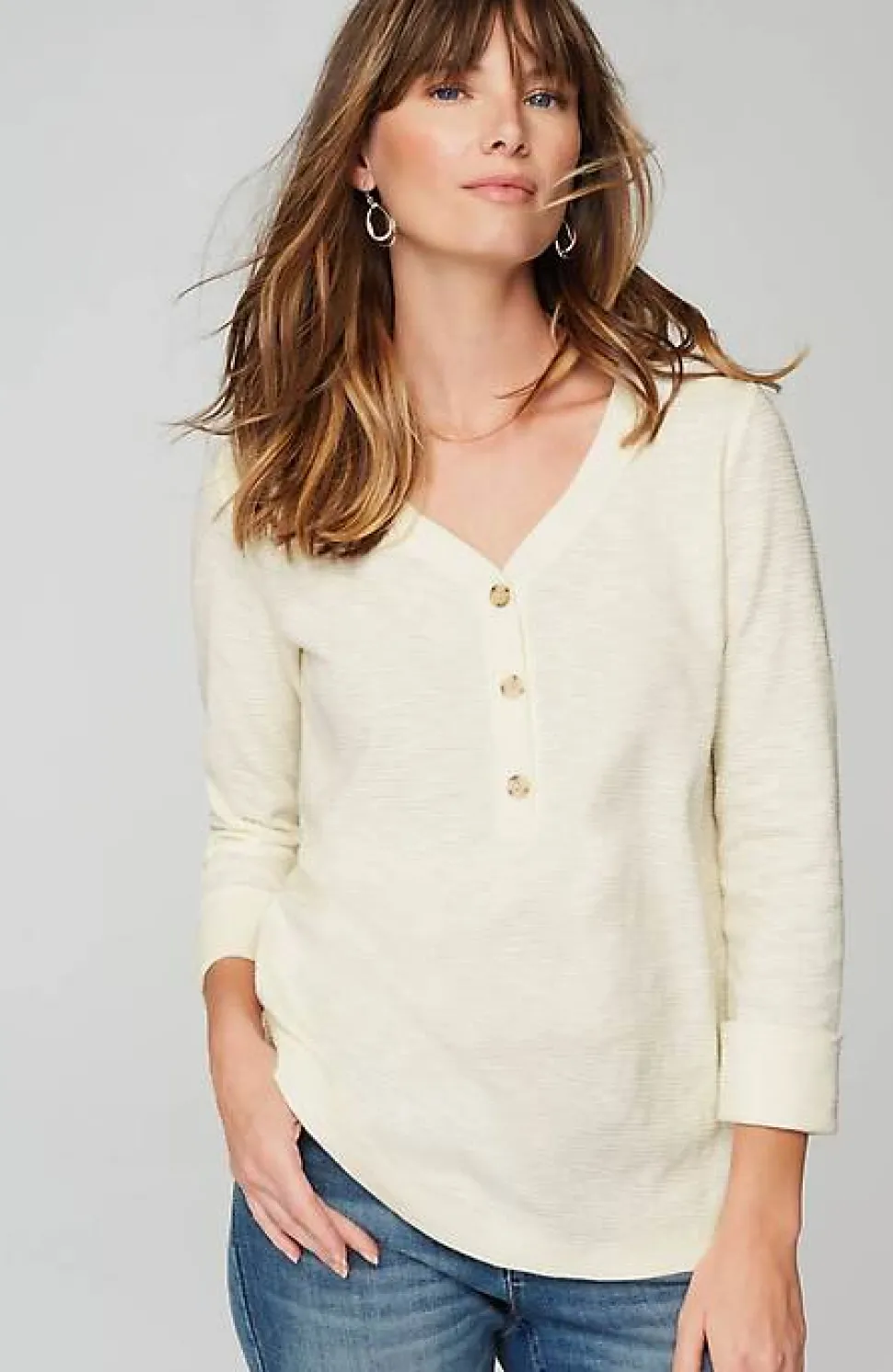 Textured-Cotton Rolled-Cuff Henley Top | Jjill
