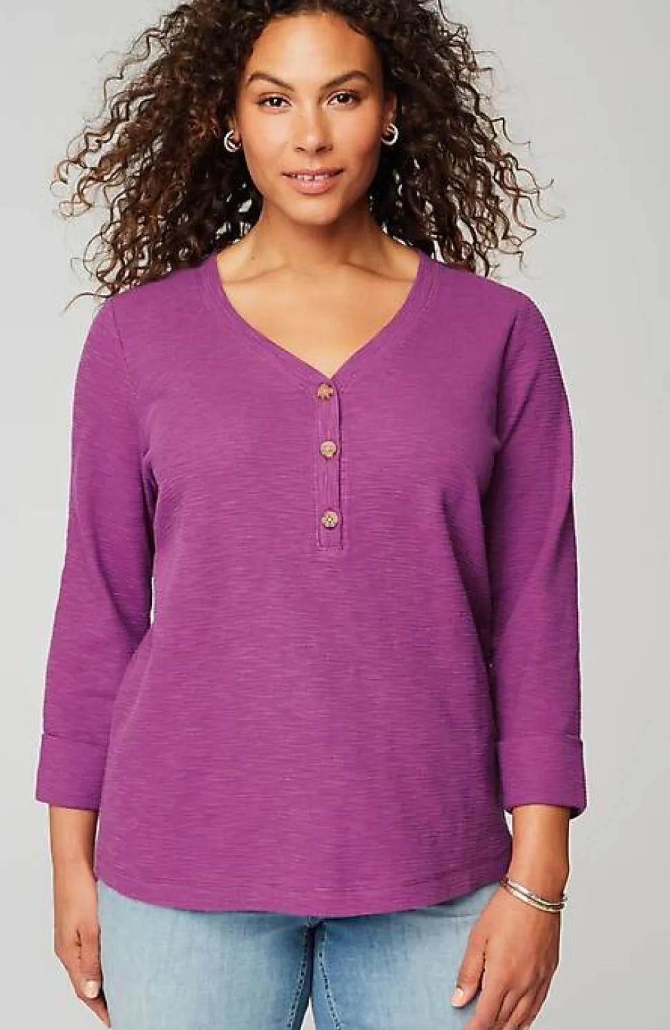 Textured-Cotton Rolled-Cuff Henley Top | Jjill