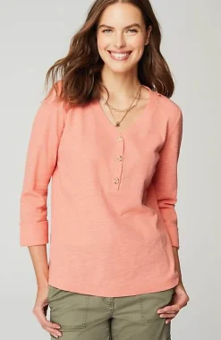Textured-Cotton Rolled-Cuff Henley Top | Jjill