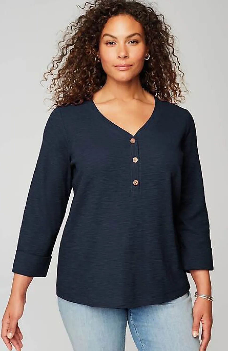 Textured-Cotton Rolled-Cuff Henley Top | Jjill