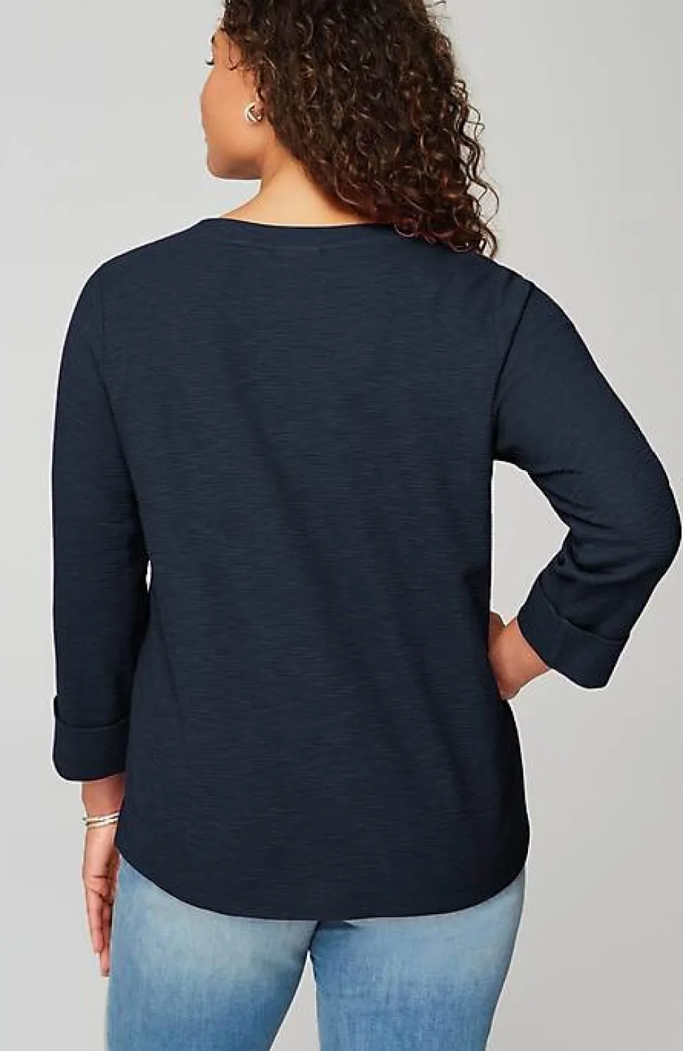 Textured-Cotton Rolled-Cuff Henley Top | Jjill
